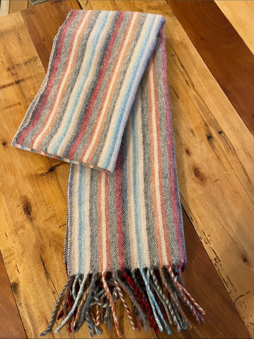 Gorgeous Striped Fringed Wool Blend Scarf in Blue, Pink, Tan, Gray